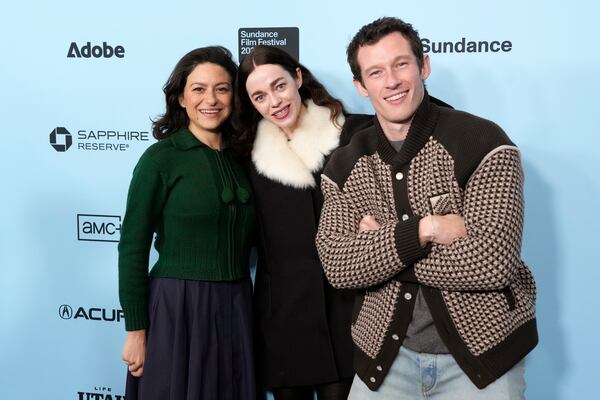 Alia Shawkat, from left, Hailey Gates and Callum Turner attend the premiere of "Atropia" during the Sundance Film Festival on Saturday, Jan. 25, 2025, at the Eccles Theatre in Park City, Utah. (Photo by Charles Sykes/Invision/AP)f