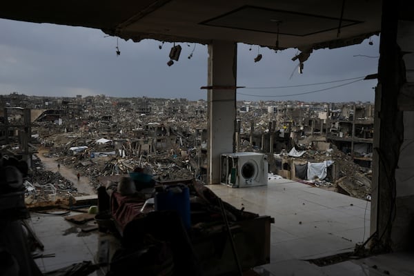 The destruction caused by the Israeli air and ground offensive is seen from a destroyed building in Jabaliya, Gaza Strip, Thursday, Feb. 6, 2025. (AP Photo/Abdel Kareem Hana)