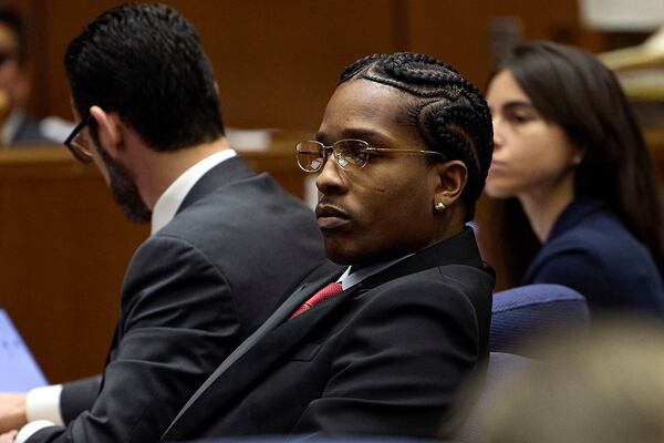 A$AP Rocky listens to closing arguments during his trial Thursday, Feb. 13, 2025, in Los Angeles. (Allison Dinner/Pool Photo via AP)