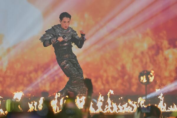 Kyle Alessandro from Norway performs the song 'Lighter' during the dress rehearsal for the first semi-final of the 69th Eurovision Song Contest, in Basel, Switzerland, Monday, May 12, 2025. (AP Photo/Martin Meissner)