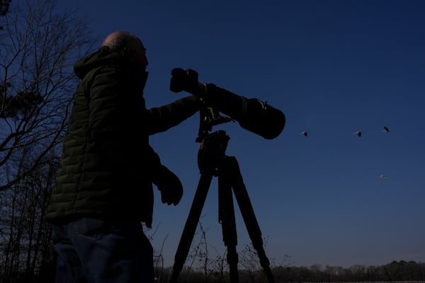 Rob Broeren takes pictures of sandhill cranes at the Wheeler National Wildlife Refuge, Monday, Jan. 13, 2025, in Decatur, Ala. (AP Photo/George Walker IV)