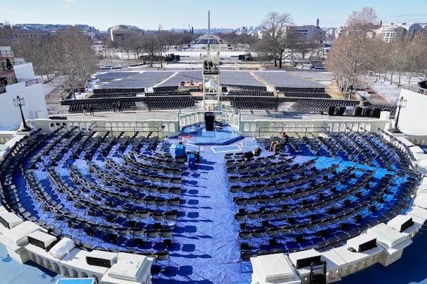 The stage where the 60th Presidential Inauguration was scheduled is seen on the West Front of the U.S. Capitol in Washington Friday, Jan. 17, 2025. The inauguration is now scheduled for inside the Capitol Rotunda due to cold weather. (AP Photo/Morry Gash)