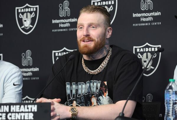 Las Vegas Raiders defensive end Maxx Crosby responds to a question during an NFL football news conference Wednesday, March 5, 2025, in Henderson, Nev. (Steve Marcus/Las Vegas Sun via AP)