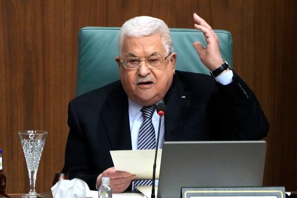 FILE - Palestinian President Mahmoud Abbas speaks during a conference at the Arab League headquarters in Cairo, Egypt, Feb. 12, 2023. (AP Photo/Amr Nabil, File)