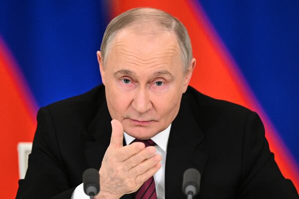 Russian President Vladimir Putin gestures as he speaks to journalists in the Grand Palace at the Kremlin in Moscow, Russia, Sunday, May 11, 2025, after celebrations of the 80th anniversary of the Soviet Union's victory over Nazi Germany during World War II. (Sergei Bobylev/Photo host agency RIA Novosti via AP)
