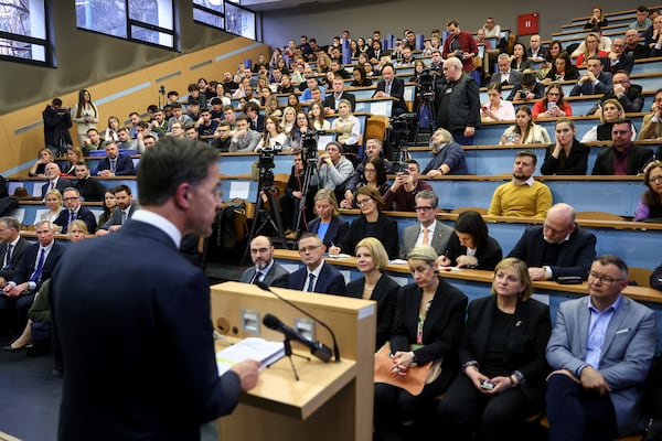 NATO Secretary General Mark Rutte speaks during lecture at the Faculty of Political Sciences in Sarajevo, Bosnia, Monday, March 10, 2025. (AP Photo/Armin Durgut)