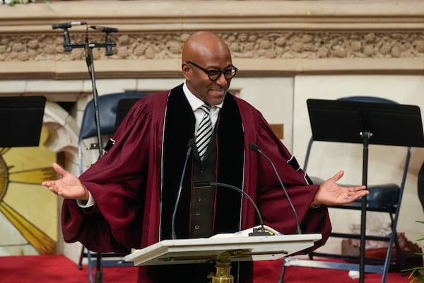 Senior Pastor of The Abyssinian Baptist Church, Reverend Dr. Kevin R. Johnson speaks during a ceremony in celebration of Roberta Flack's life at The Abyssinian Baptist Church on Monday, March 10, 2025, in New York. (AP Photo/Richard Drew)