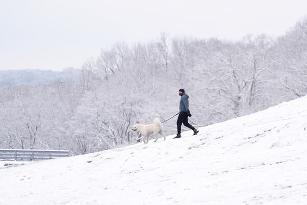 Michael Paul walks down a snow covered hill with his dog Murphy, Saturday, Jan. 11, 2025, in Nashville, Tenn. (AP Photo/George Walker IV)