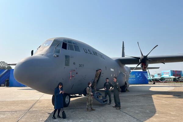 Military plane made by U.S.-firm Lockheed Martin at the Vietnam International Defense Expo held in Hanoi, Vietnam, Thursday, Dec.19, 2024. (AP Photo/Aniruddha Ghosal)