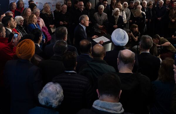 Mark Carney speaks during his Liberal leadership campaign launch in Edmonton, on Thursday Jan. 16, 2025. (Jason Franson/The Canadian Press via AP)