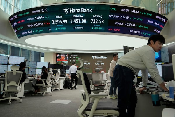 Currency traders work near a screen showing the Korea Composite Stock Price Index (KOSPI), top center left, and the foreign exchange rate between U.S. dollar and South Korean won, top center, at the foreign exchange dealing room of the KEB Hana Bank headquarters in Seoul, South Korea, Thursday, March 13, 2025. (AP Photo/Ahn Young-joon)