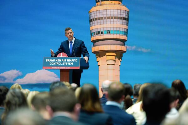 Transportation Secretary Sean Duffy announces a new air traffic control infrastructure plan, Thursday, May 8, 2025, in Washington. (AP Photo/Julia Demaree Nikhinson)