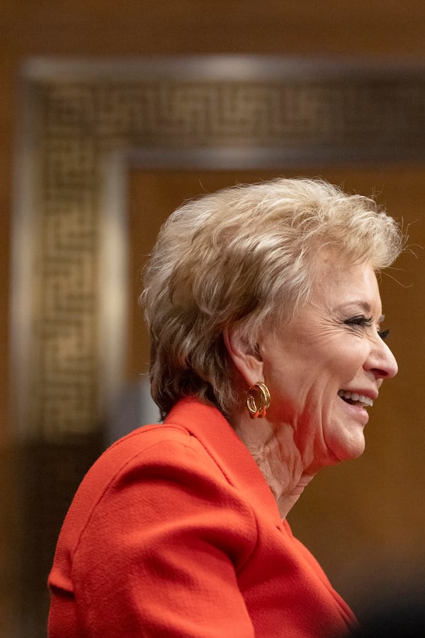 Linda McMahon, President Donald Trump's nominee for Secretary of Education, attends a Senate Health, Education, and Labor Committee hearing on her nomination, Thursday, Feb. 13, 2025, in Washington. (AP Photo/Jacquelyn Martin)