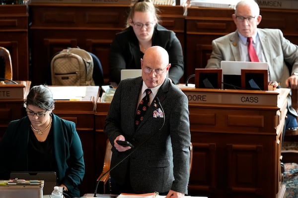 Rep. Steven Holt, R-Denison, speaks during debate on the gender identity bill, Thursday, Feb. 27, 2025, at the Statehouse in Des Moines, Iowa. (AP Photo/Charlie Neibergall)