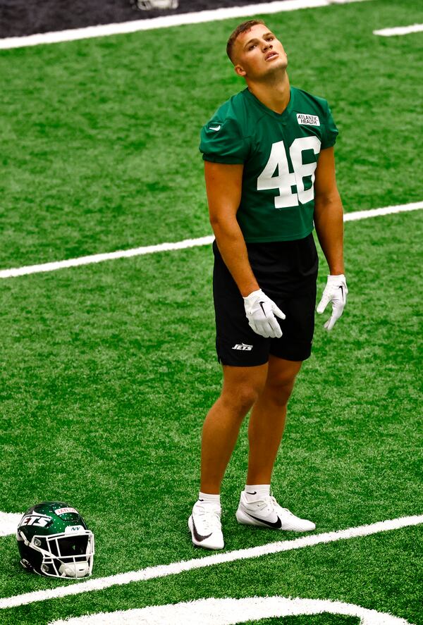 New York Jets tight end Mason Taylor (46) during the NFL football team's rookie camp, Friday, May 9, 2025, in Florham Park, N.J. (AP Photo/Noah K. Murray)
