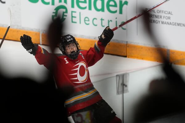 Ottawa Charge forward Rebecca Leslie (37) celebrates her goal against the Minnesota Frost during second period of a PWHL final game, Tuesday May 20, 2025 in Ottawa. (Adrian Wyld/The Canadian Press via AP)