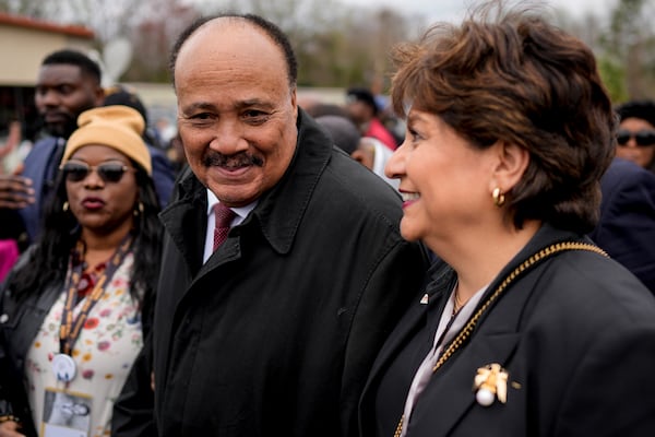 Martin Luther King III marches across the Edmund Pettus bridge during the 60th anniversary of the march to ensure that African Americans could exercise their constitutional right to vote, Sunday, March 9, 2025, in Selma, Ala. (AP Photo/Mike Stewart)