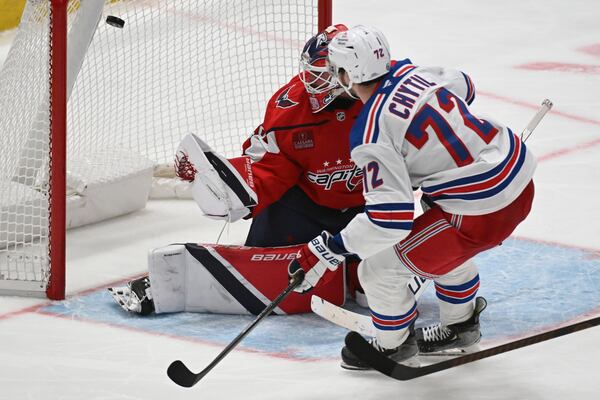 New York Rangers center Filip Chytil (72) scores a goal past Washington Capitals goaltender Logan Thompson during the third period of an NHL hockey game Saturday, Jan. 4, 2025, in Washington. (AP Photo/John McDonnell)