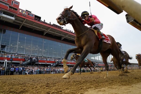 FILE - War of Will, ridden by Tyler Gaffalione, right, crosses the finish line first to win the Preakness Stakes horse race at Pimlico Race Course, Saturday, May 18, 2019, in Baltimore. (AP Photo/Steve Helber, File)