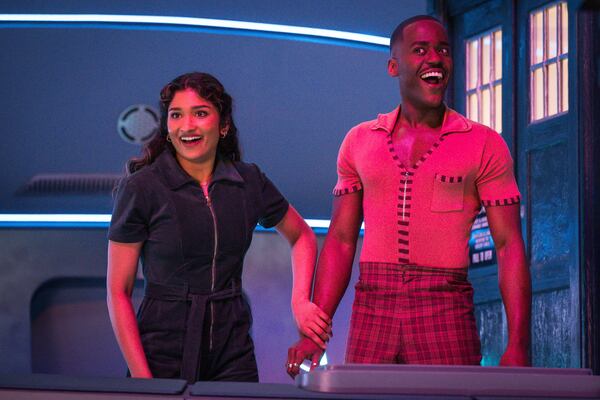 This image released by Disney shows Varada Sethu, left, and Ncuti Gatwa from "Doctor Who" Season 2. (BBC Studios/Disney/Bad Wolf via AP)
