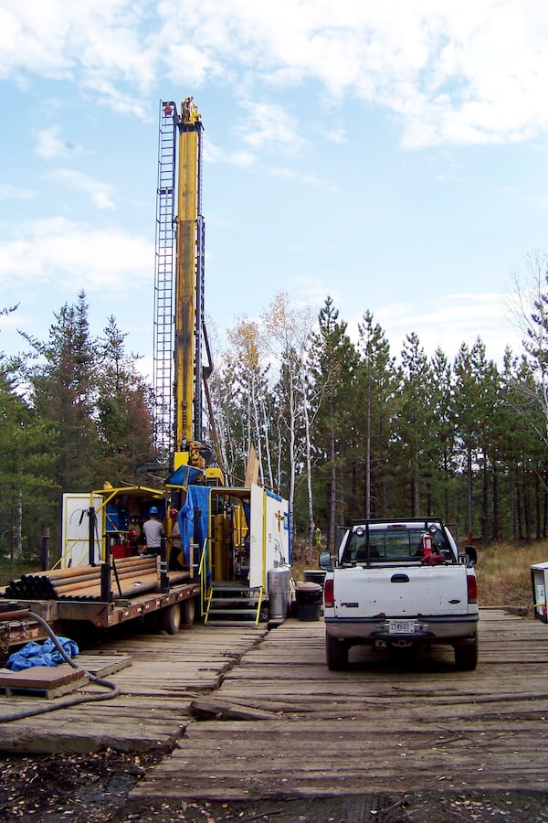 FILE - In this Oct. 4, 2011, file photo, a prospecting drill rig bores into the bedrock near Ely, Minn., in search of copper, nickel and precious metals that Twin Metals Minnesota LLC, hopes to mine near the Boundary Waters Canoe Area Wilderness in northeastern Minnesota. (AP Photo/Steve Karnowski, File)