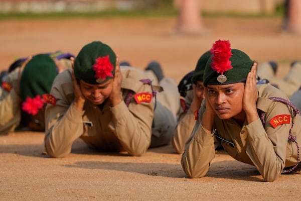 National Cadet Corps members participate during a mock drill to train civilians and security personnel to respond in case of attack, in Guwahati, India, Wednesday, May 7, 2025 amid rising fears of wider conflict following India's strikes in Pakistan. (AP Photo/Anupam Nath)
