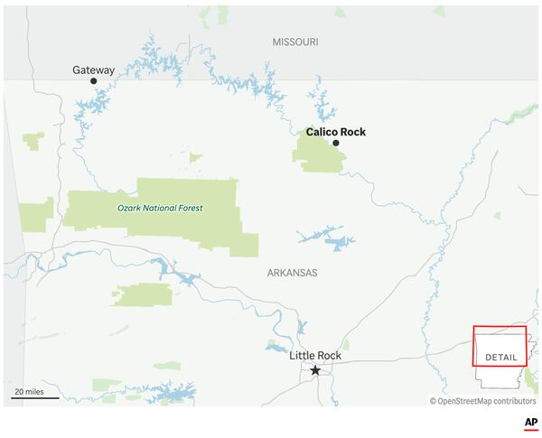 The map above locates the area where an ex-police chief escaped from prison in Arkansas. (AP Graphic)