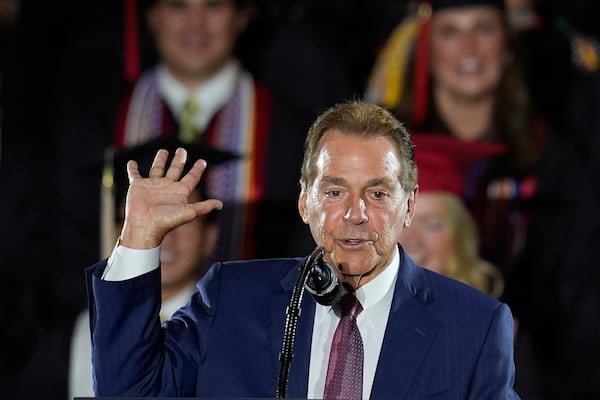 Nick Saban speaks before President Donald Trump arrives to give a commencement address at the University of Alabama, Thursday, May 1, 2025, in Tuscaloosa, Ala. (AP Photo/Mike Stewart)