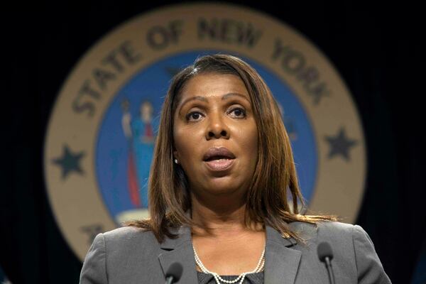 FILE - New York Attorney General Letitia James speaks during a news conference, in New York, June 11, 2019. (AP Photo/Mary Altaffer, File)