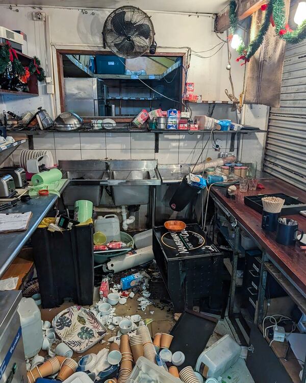 Damage to the inside of the Nambawan Cafe in Port Vila, Tuesday, Dec. 17, 2024, following a strong earthquake that struck just off the coast of Vanuatu in the South Pacific Ocean. (Ivan Oswald via AP)