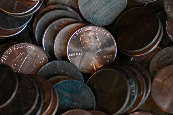 Pennies are shown in Monday, Feb. 10, 2025, in Richardson, Texas. (AP Photo/LM Otero)