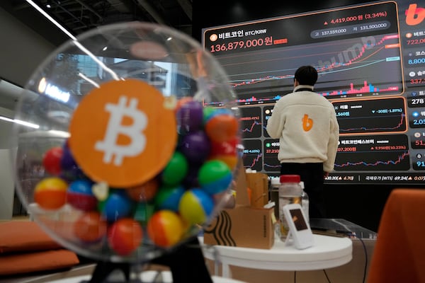 FILE - An employee watches an electronic signboard displaying the prices of Bitcoin and other cryptocurrencies at the lounge of Bithumb cryptocurrency exchange in Seoul, South Korea, Nov. 21, 2024. (AP Photo/Ahn Young-joon, File)