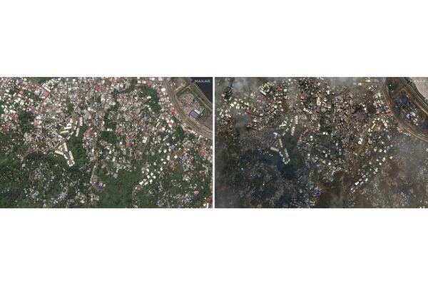 This combination of before and after images released by Maxar Technologies shows damage of Mamoudzou on the French Territory of Mayotte in the Indian Ocean after Cyclone Chido, Dec. 16, 2024. (Maxar Technologies via AP)