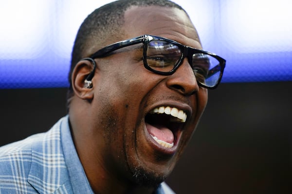 FILE - Former Los Angeles Chargers tight end Antonio Gates speaks as he is inducted into the Chargers Hall of Fame during halftime in an NFL football game between the Chargers and the Denver Broncos, on Dec. 10, 2023, in Inglewood, Calif. (AP Photo/Ryan Sun, File)