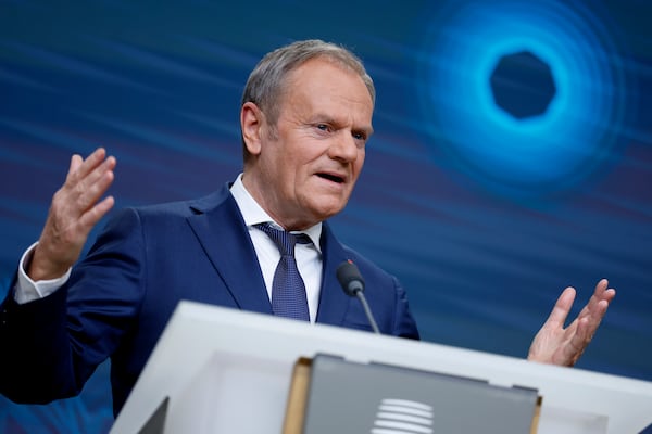 Poland's Prime Minister Donald Tusk addresses a media conference at the end of an EU summit in Brussels, Monday, Feb. 3, 2025. (AP Photo/Omar Havana)