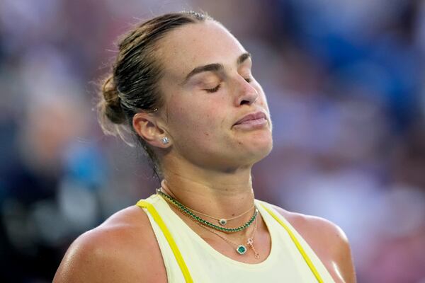 Aryna Sabalenka of Belarus reacts during her quarterfinal match against Anastasia Pavlyuchenkova of Russia during their quarterfinal match at the Australian Open tennis championship in Melbourne, Australia, Tuesday, Jan. 21, 2025. (AP Photo/Asanka Brendon Ratnayake)