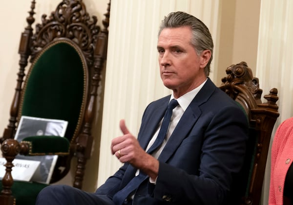 FILE - California Gov. Gavin Newsom gives a "thumbs up" talks while attending the Assembly's Organizational Session in Sacramento, Calif., Dec. 2, 2024. (AP Photo/Rich Pedroncelli, file)