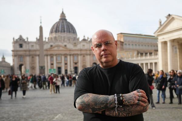 Jose Enrique Escardo, a victim of Peru's Sodalitium Christianae Vitae movement, poses for a photo during an interview with the Associated Press in front of St. Peter's Basilica, in Rome, Saturday, Jan. 25, 2025. (AP Photo/Alessandra Tarantino)