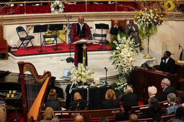 Senior Pastor of The Abyssinian Baptist Church, Reverend Dr. Kevin R. Johnson speaks during a ceremony in celebration of Roberta Flack's life at The Abyssinian Baptist Church on Monday, March 10, 2025, in New York. (AP Photo/Richard Drew)