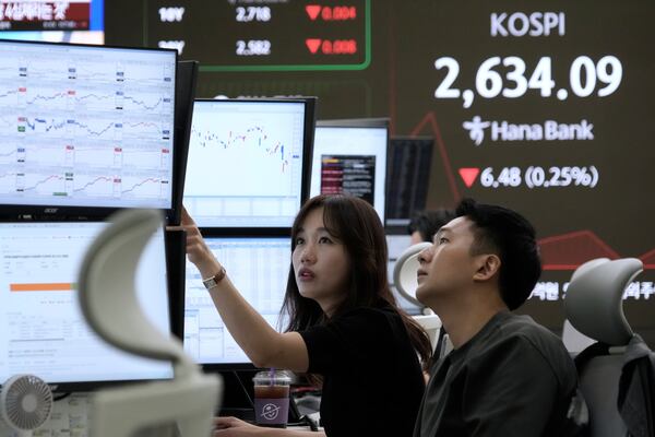 Currency traders watch monitors near a screen showing the Korea Composite Stock Price Index (KOSPI) in Seoul, South Korea, Thursday, May 15, 2025. (AP Photo/Ahn Young-joon)