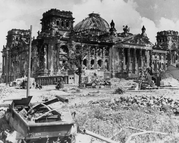 FILE - A view of the burned-out ruins of the German Reichstag in Berlin in this photo from August 1945, three months after the Nazis surrendered to the Allied Powers on May 8, 1945. (AP Photo, file)