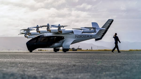 An "electric vertical take-off and landing" aircraft built by Archer Aviation is parked at an airfield in Salinas, Calif. in 2024. (Archer Aviation via AP)