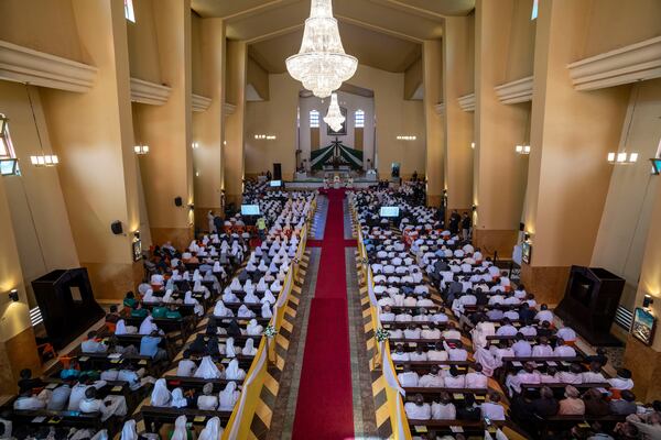 FILE - Pope Francis addresses clergy at the St. Theresa Cathedral in Juba, South Sudan, Saturday, Feb. 4, 2023. (AP Photo/Ben Curtis, File)