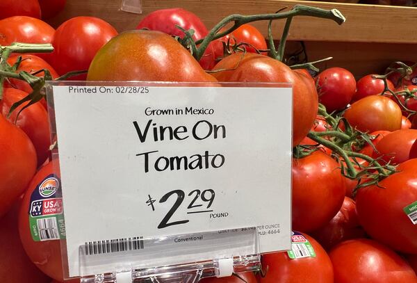 FILE - Tomatoes imported from Mexico are for sale in a supermarket in Miami as the United States imposed 25% tariffs on goods from Canada and Mexico, starting a trade war with its closest neighbors and allies Wednesday, Mar. 5, 2025. (AP Photo/Lynne Sladky, File)