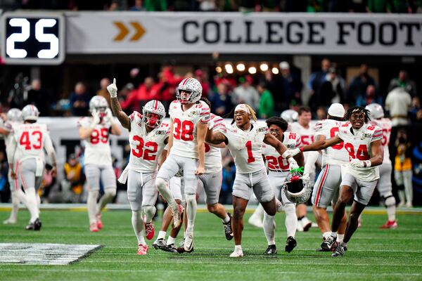 Ohio State place kicker Jayden Fielding celebrates after a field goal against Notre Dame during second half of the College Football Playoff national championship game Monday, Jan. 20, 2025, in Atlanta. (AP Photo/Jacob Kupferman)