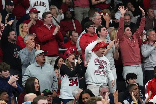 Arkansas fans cheer during the first half in the second round of the NCAA college basketball tournament, Saturday, March 22, 2025, in Providence, R.I. (AP Photo/Charles Krupa)