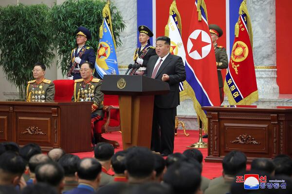 This photo provided Monday, Feb. 10, 2025, by the North Korean government, North Korean leader Kim Jong Un delivers a speech marking the 77th founding anniversary of the Korean People’s Army at the defense ministry in Pyongyang, Saturday, Feb. 8, 2025. Independent journalists were not given access to cover the event depicted in this image distributed by the North Korean government. The content of this image is as provided and cannot be independently verified. Korean language watermark on image as provided by source reads: "KCNA" which is the abbreviation for Korean Central News Agency. (Korean Central News Agency/Korea News Service via AP)