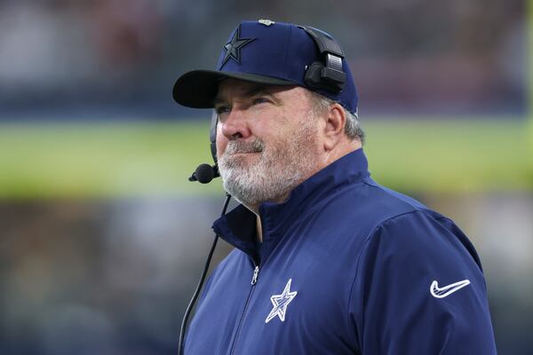 Dallas Cowboys head coach Mike McCarthy looks on during the second half of an NFL football game against the Washington Commanders, Sunday, Jan. 5, 2025, in Arlington, Texas. (AP Photo/Gareth Patterson)