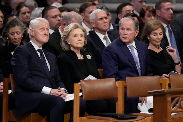 Former President Bill Clinton, former first lady Hillary Clinton, former President George W.Bush, former first lady Laura Bush, former Vice President Mike Pence and others, attend the State Funeral for former President Jimmy Carter at Washington National Cathedral in Washington, Thursday, Jan. 9, 2025. (AP Photo/Ben Curtis) (AP Photo/Ben Curtis)