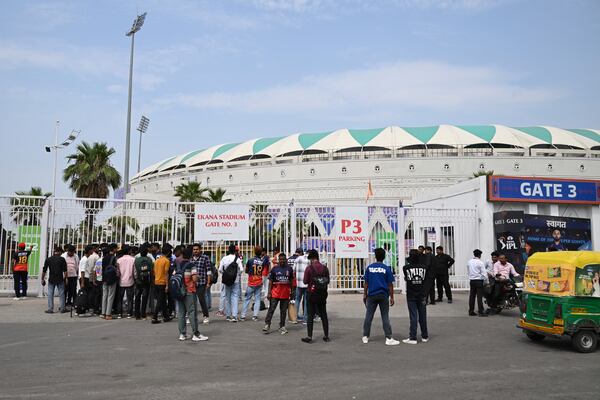 Fans gather outside Atal Bihari Vajpayee Ekana Cricket Stadium after organizers suspended the Indian Premier League for one week following the escalating military tensions with Pakistan, in Lucknow, India, Friday, May 9, 2025. (AP Photo)